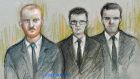 Court artist sketch by Elizabeth Cook of England and Durham cricketer Ben Stokes, Ryan Hale and Ryan Ali appearing at Bristol Magistrates’ Court where they faced charges following an incident outside a nightclub in Bristol in September last year. Photograph: Elizabeth Cook/PA
