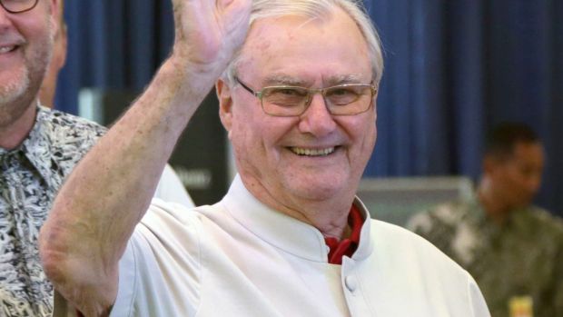 Prince Henrik waves upon arrival for a badminton exhibition event at a shopping mall in Jakarta, Indonesia in 2015. Photograph: Achmad Ibrahim/AP