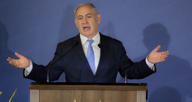 Israeli prime minister Binyamin Netanyahu gestures as he speaks during the Conference of Presidents of Major American Jewish Organizations in Jerusalem, Wednesday, February 21st, 2018. Photograph: Sebastian Scheiner/AP