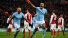 Manchester City’s Vincent Kompany celebrates scoring during their win over Arsenal in the Carabao Cup final at Wembley. Photo: Neill Hall/EPA