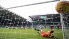 Celtic’s Moussa Dembele scores during Saturday’s Scottish Cup quarter-final at Celtic Park. Photograph: PA