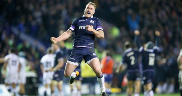  Stuart Hogg of Scotland reacts at the final whistle of the Calcutta Cup win over England at Murrayfield. Photograph: Robert Perry/EPA