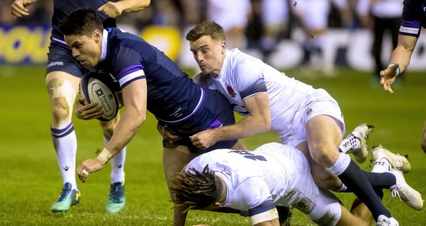 Scotland’s Sean Maitland is tackled by England’s George Ford.  The Scots  like to play a high-tempo game, quick throws and tap penalties and on turnover ball, look to exploit any space out wide.Photograph: Craig Watson/Inpho