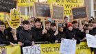 Students at Clonkeen College protesting at the Dáil on Wednesday over the proposed sale of the school’s sports pitches to developers. Photograph: Alan Betson 