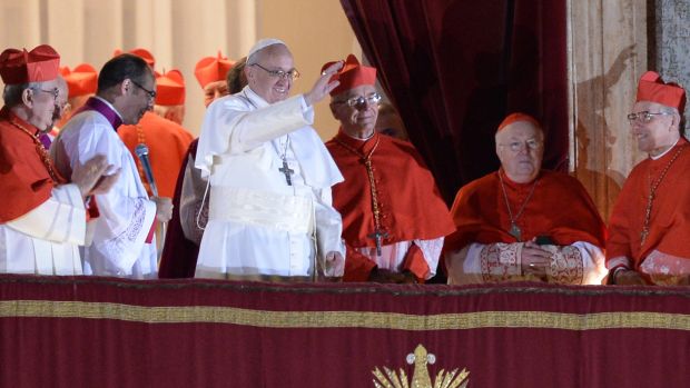 Argentina’s cardinal Jorge Bergoglio appears with cardinals at the window of St Peter’s Basilica after being elected the 266th pope of the Roman Catholic Church on March 13th, 2013. Photograph: Filippo Monteforte/AFP/Getty Images