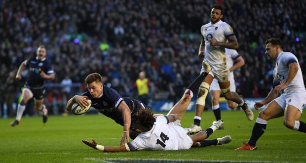 Huw Jones dives over for one of his two tries for Scotland in the defeat of England at Murrayfield two weeks ago. Photograph: Shaun Botterill/Getty Images