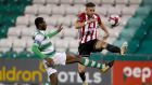 Derry City’s Darren Cole is challenged by Dan Carr of Shamrock Rovers during the SSE Airtricity League Premier Division game at Tallaght Stadium. Photograpgh: Oisin Keniry/Inpho