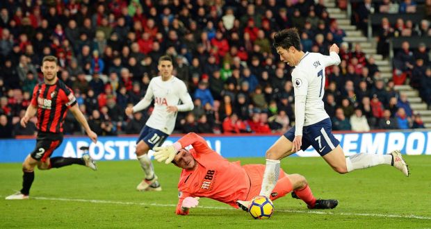 Tottenham Hotspur’s Son Heung-min scores in their 4-1 Premier League win over Bournemouth. Photo: Gerry Penny/EPA