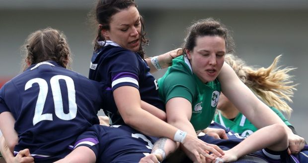 Scotland’s Deborah McCormack with Paula Fitzpatrick of Ireland during their Women’s Six Nations meeting in Donnybrook. Photo: Tommy Dickson/Inpho