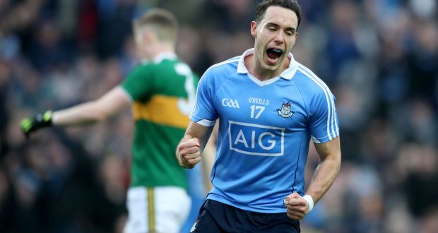 Dublin’s Shane Carthy celebrates after Niall Scully scored their first goal against Kerry in the Division One clash at Croke Park. Photograph: Bryan Keane/Inpho