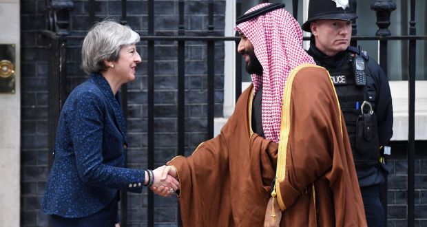 Saudi Arabia’s crown prince Mohammad bin Salman is welcomed by British PM Theresa May on the first of his three-day visit to the UK. Photograph: Victoria Jones/PA
