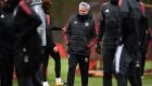José Mourinho at  team training   on the eve of   Manchester United’s  Champions League   match against Sevilla.  Photograph: Getty Images