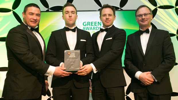 Tom Ryan, Programme Manager, Sustainable Production and Consumption Programme, EPA, presents the Green Small Organisation of the Year award to Stephen O Reilly, Neil McCabe & Damian Bligh, GROWN.
