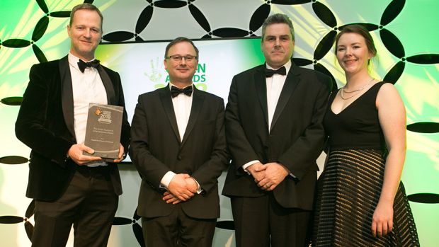 Tom Ryan, Programme Manager Sustainable Production and Consumption Programme, EPA, presents The Green Tourism & Entertainment award to Rob Rankin, Tim Orr & Megan Ruddy, Vagabond Tours of Ireland.
