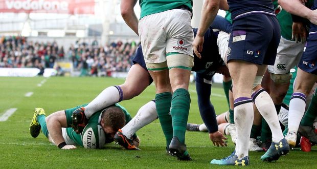 Seán Cronin scores Ireland’s fourth try during the  Six Nations match against Scotland  at the Aviva Stadium. Photograph:  Donall Farmer/PA Wire