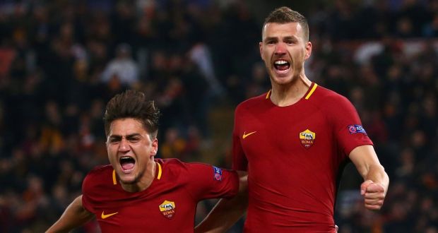 Roma’s Edin Dzeko celebrates with Cengiz Under after scoring their first goal in the Champions League round of 16 second leg against Shakhtar Donetsk at Stadio Olimpico. Photograph: Max Rossi/Reuters