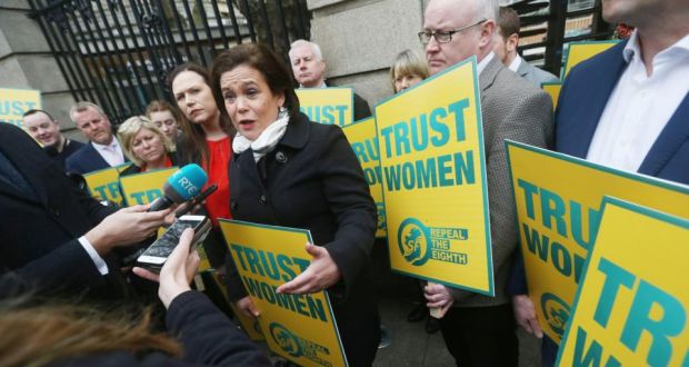 Party leader Mary Lou McDonald leads activists in highlighting the Sinn Féin ‘Trust Women – Repeal the Eighth’ message outside Leinster House last week. File photograph: Stephen Collins/Collins Photos