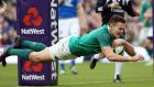  Jacob Stockdale scores one of his tries against Italy. Photograph; Tom Honan/The Irish Times.