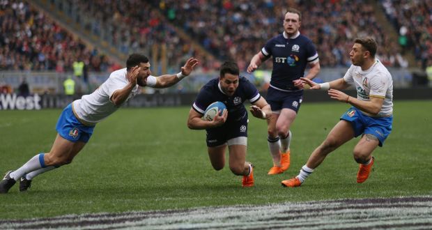 Sean Maitland  scores Scotland’s third try during the  Six Nations match against  Italy  at Stadio Olimpico  in Rome. Photograph: Paolo Bruno/Getty Images