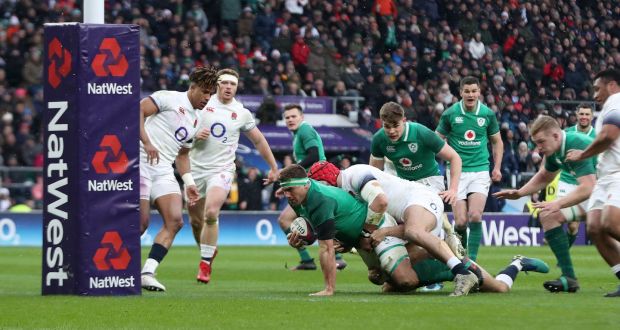 CJ Stander scores Ireland’s second try in the NatWest Six Nations Championship match against England at Twickenham. Photograph: Billy Stickland/Inpho