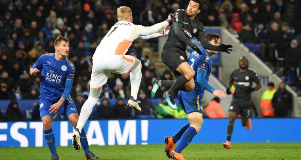 Pedro of Chelsea beats Kasper Schmeichel of Leicester City to score at The King Power Stadium. Photograph: Michael Regan/Getty Images