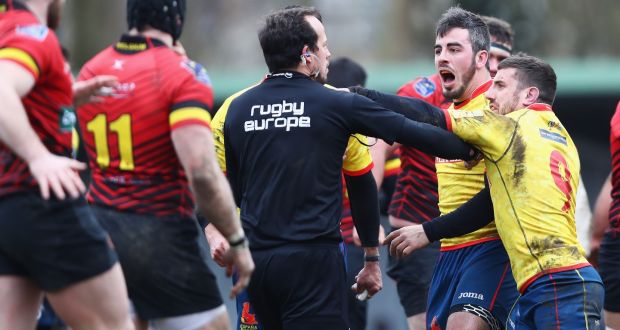 Spanish players including Guillaume G Rouet confront the referee after defeat in their Rugby World Cup 2019 Europe Qualifier match against Belgium. Photograph: Dean Mouhtaropoulos/Getty Images