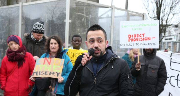 Joe Loughnane of Galway Anti-Racism Network speaking in Galway in January during a march and rally calling for an end to Ireland’s Direct Provision system. Photograph: Joe O’Shaughnessy