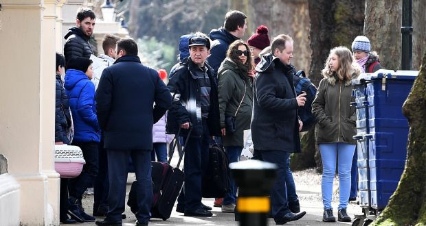  Russian diplomats and family members leaving the   Russian embassy in central London on Tuesday, March 20th.  British Prime Minister Theresa May ordered the expulsion of 23 Russian diplomats in retaliation for the poisoning of the former Russian spy Sergei Skripal  and his daughter Yulia  who  were found suffering from exposure to a rare nerve agent in Salisbury on  March 4th.  Photograph: Andy Rain/EPA