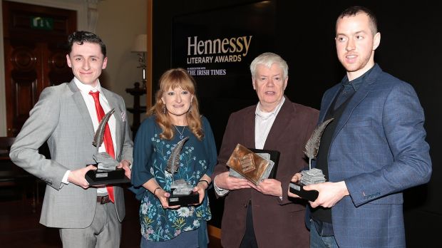 First Fiction winner Aaron Finnegan, Emerging Poetry winner Louise G Cole, Hall of Fame inductee Bernard MacLaverty and Emerging Fiction winner and Hennessy New Irish Writer of the Year Manus Boyle Tobin at the 47th Annual Hennessy Literary Awards. Photograph: Brian McEvoy