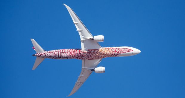 The long haul  was made by a Boeing 787 Dreamliner called Emily,  decorated with indigenous livery based on the artwork ‘Yam Dreaming’ by Emily Kame Kngwarreye. Photograph: Brent Winstone/EPA