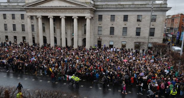 People gather on O’Connell Street on Thursday to support the complainant in the Belfast rape trial. Photograph: Alan Betson/The Irish Times