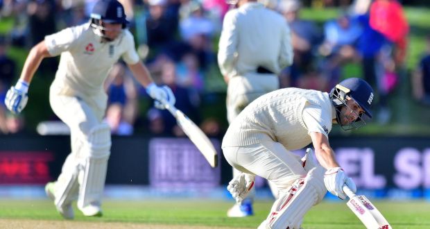 England’s Mark Wood makes a run with teammate Jonny Bairstow at Hagley Oval in Christchurch. Photograph: Getty Images