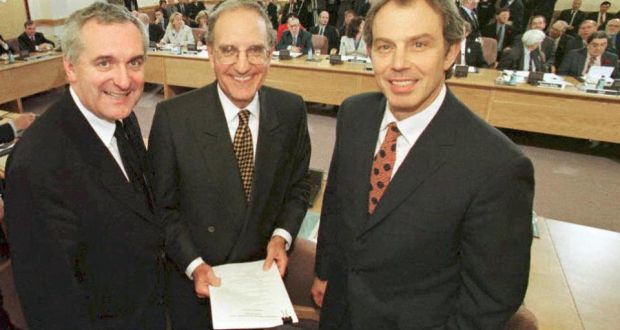 Bertie Ahern, Tony Blair and George Mitchell smiling on April 10th, 1998, after they signed a historic agreement for peace in Northern Ireland, ending a 30-year conflict. Photograph: Dan Chung
