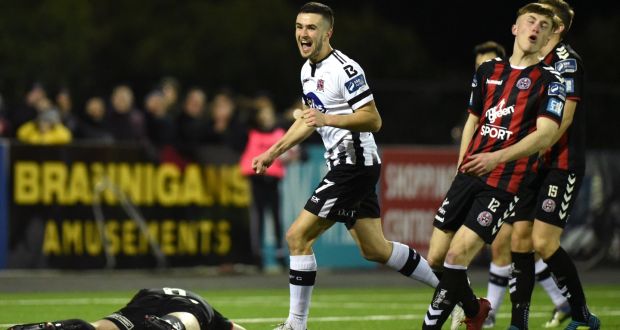  Michael Duffy celebrates scoring  Dundalk’s third goal in the SSE Airtricity Premier Division game against Bohemians at Oriel Park. Photograph: Ciarán Culligan/Inpho