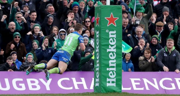 Connacht’s Matt Healy scores a try during his side’s Challenge Cup quarter-final defeat to Gloucester. Photograph:  Tommy Dickson/Inpho