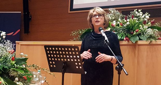 Former president Mary McAleese addressing the “Voices of Faith” conference in Rome: to be heard, she had to speak outside the walls of the Vatican.    Photograph: Patsy McGarry