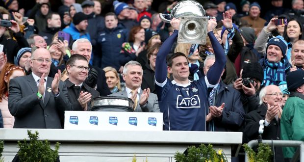 Stephen Cluxton lifts the league title after Dublin’s win over Galway. Photograph: Brian Keane/Inpho