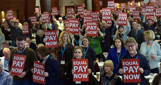 Delegates protest to Minister for Education Richard Bruton for equal pay at the Teachers’ Union of Ireland congress in Wexford on Wednesday. Photograph: Tommy Clancy 