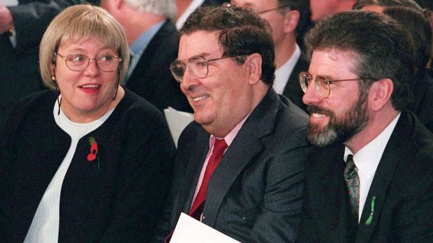 The then secretary of state for Northern Ireland Mo Mowlam with SDLP leader John Hume and Sinn Féin president Gerry Adams at the inauguration of President Mary McAleese in Dublin. Photograph: Brian Little / PA