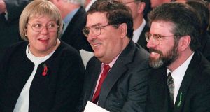  The then secretary of state for Northern Ireland Mo Mowlam with SDLP leader John Hume and Sinn Féin president Gerry Adams at the inauguration of  President Mary McAleese in Dublin.  Photograph: Brian Little / PA