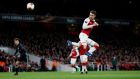 Arsenal’s Aaron Ramsey scores their third goal. Photo: Eddie Keogh/Reuters