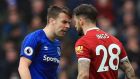 Seamus Coleman and Danny Ings during the goalless Merseyside derby. Photograph: Peter Byrne/PA