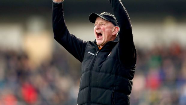 Kilkenny manager Brian Cody celebrates after his side scored their second goal. Photograph: James Crombie/Inpho