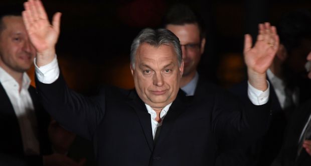  Hungarian prime minister Viktor Orbán  celebrating  in Budapest  after winning parliamentary elections  on Sunday. Photograph: Getty Images
