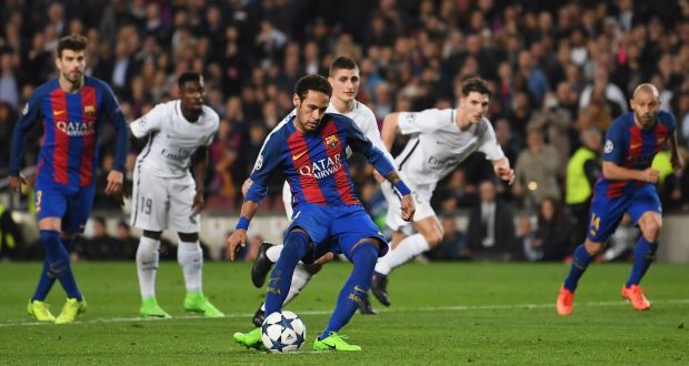 Neymar scores for Barcelona’s fifth goal, this one   from the penalty spot, during the remarkable 6-1 comeback victory over PSG at the Camp Nou.  Photograph:  Laurence Griffiths/Getty 