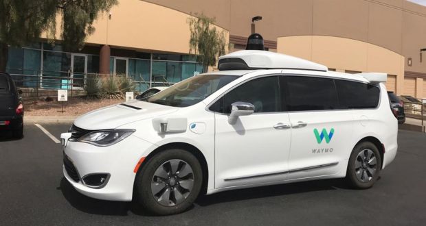 A Waymo self-driving vehicle is parked outside the Alphabet company’s offices where its been testing autonomous vehicles in Arizona
