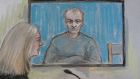 A file court artist sketch of former football coach Barry Bennell appearing via video link at South Cheshire Magistrates Court earlier this year. Photograph: PA