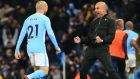 Pep Guardiola and David Silva celebrate a win against Southampton in what has proved a triumphant league campaign. Photograph: Lindsy Parnaby/AFP/Getty Images