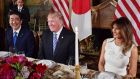 US president Donald Trump and first lady Melania Trump during a dinner with Japan’s prime minister Shinzo Abe at Mar-a-Lago estate in Palm Beach, Florida. Photograph: Mandel Ngan/AFP/Getty Images