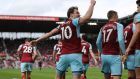  Ashley Barnes celebrates scoring Burnley’s equaliser in  the Premier League match against  Stoke City  at the Bet365 Stadium. Photograph: Matthew Lewis/Getty Images